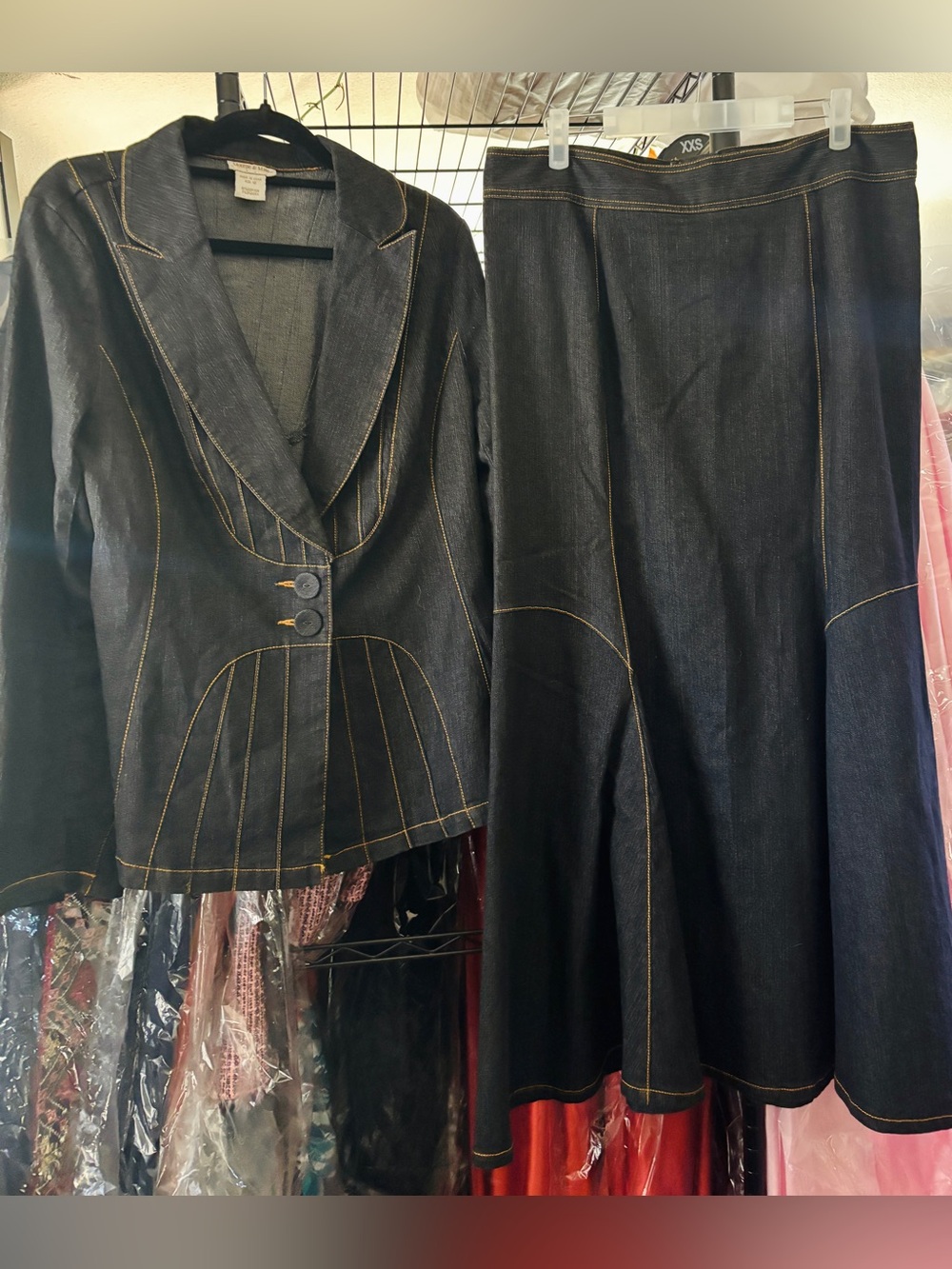 Monroe & Main Dark Wash Denim Skirt Suit Tailored Blazer & A-Line Midi Skirt - Picture 15 of 16